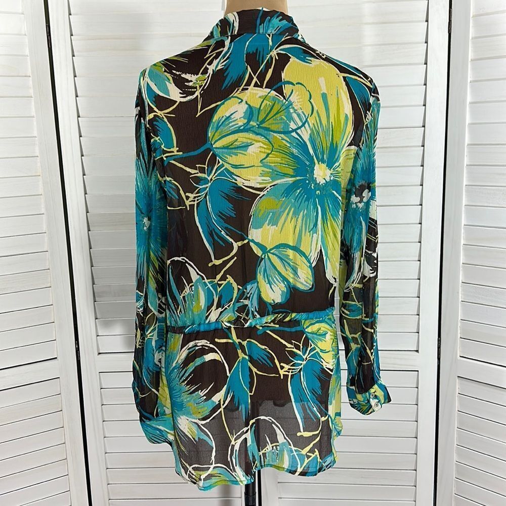 Chico's Silk Tropical Brown & Blue Floral Tunic Top Size 2 (12) LIKE NEW - Picture 10 of 14